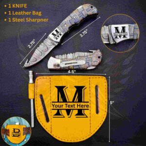 A patterned folding knife with measurements is displayed above a yellow leather sheath and steel sharpener.