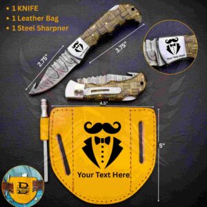 A woven-pattern folding knife with measurements is displayed above a yellow leather sheath and steel sharpener.