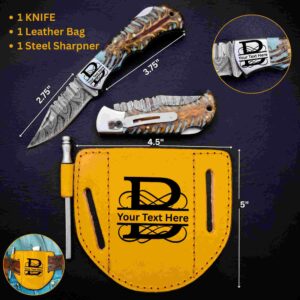“A patterned folding knife with a brown and blue handle is shown with measurements beside a yellow leather sheath and steel sharpener.