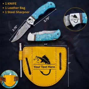 A turquoise-handled folding knife set is displayed with its blade measurements, a yellow leather sheath, and a steel sharpener.