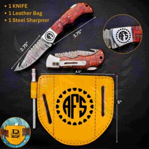 “A red woven-pattern folding knife with measurements is displayed above a yellow leather sheath and steel sharpener.